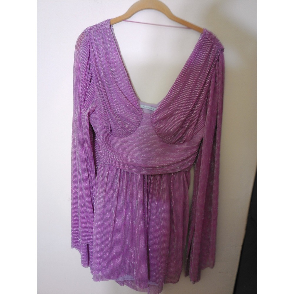 AmyEnjoyLife Mini Dress Women S Purple Metallic Pleated Cutout Back Party Glam